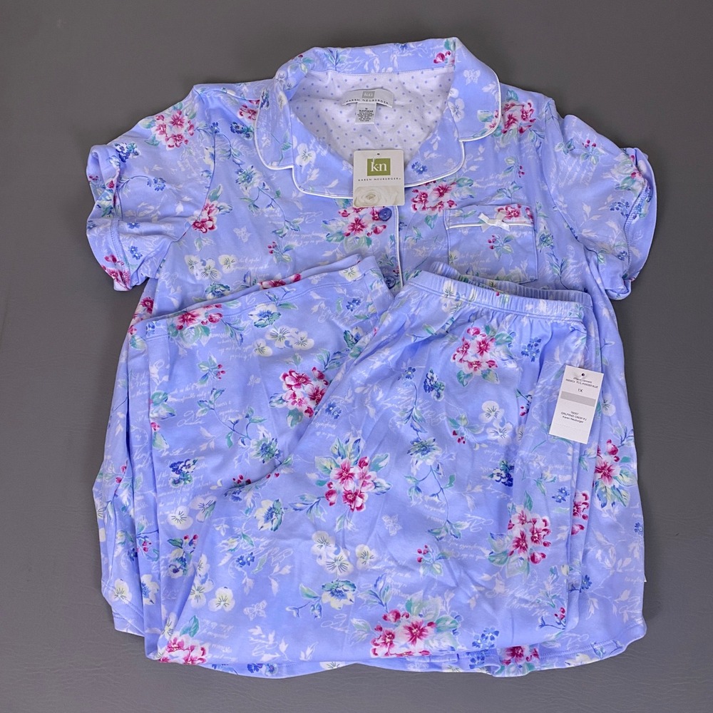 Karen Neuburger Pajama Set Women's 1X Blue Floral Button Top Crop Pants New NWT